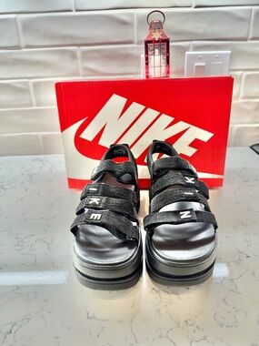 Nike Black Platform Women Strappy Sandals with White Logo